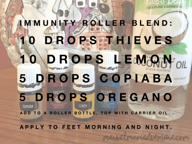 10 drops Thieves, 10 drops Lemon, 5 drops Copiaba, 5 drops Oregano. Add to a roller bottle, top with carrier oil. Apply to feet morning and night.